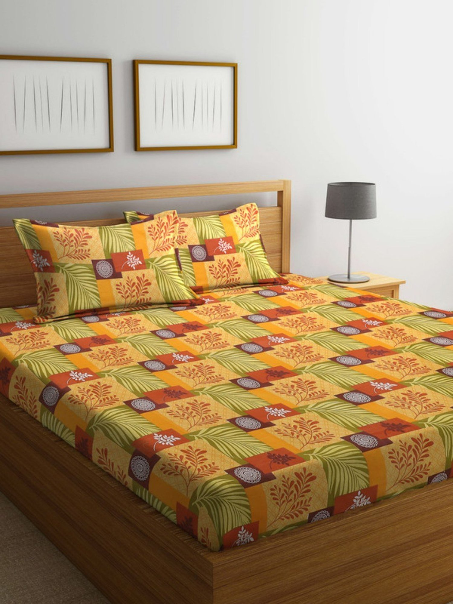 Dhrohar Printed Yellow & Brown Cotton 180 TC Double Bedsheet with 2 Pillow covers