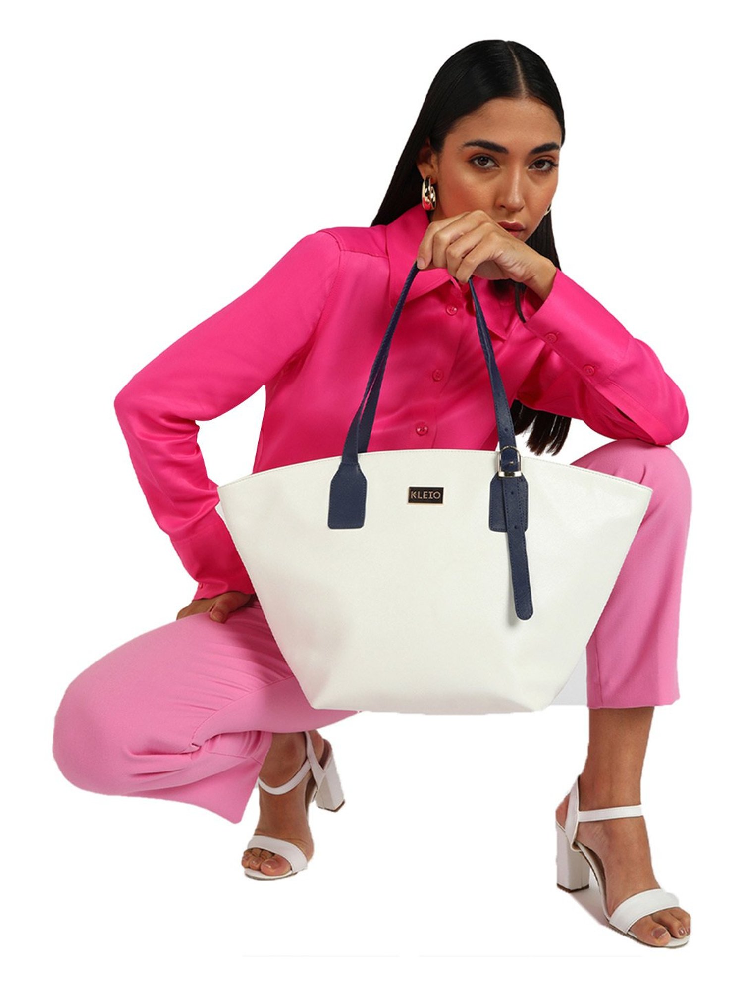 KLEIO White Large Leather Tote Handbag