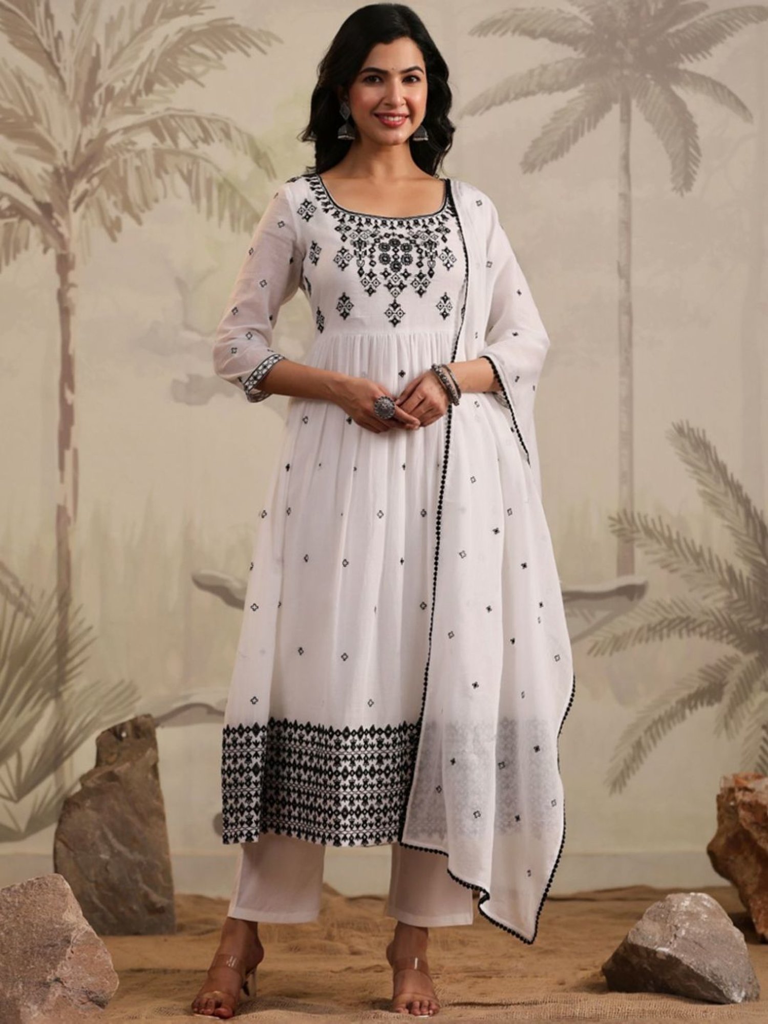 SCAKHI White Mulmul Embroidered Anarkali Kurta And Pant With Dupatta