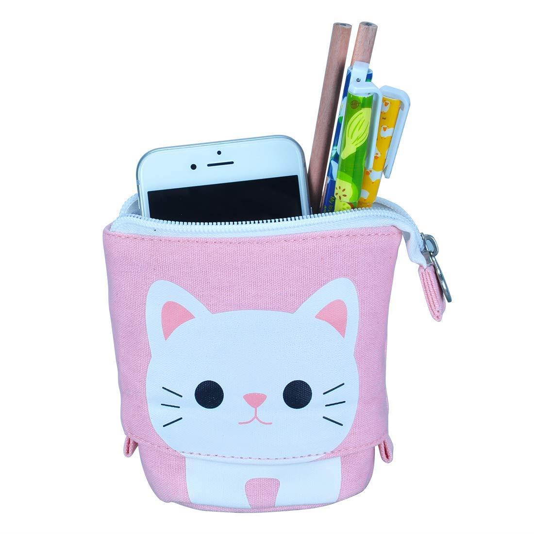Oyachic Telescopic Pencil Stand Case Canvas Zipper Pen Pouch Small Cosmetics Bag Cute with Inner Pocket (Pink)