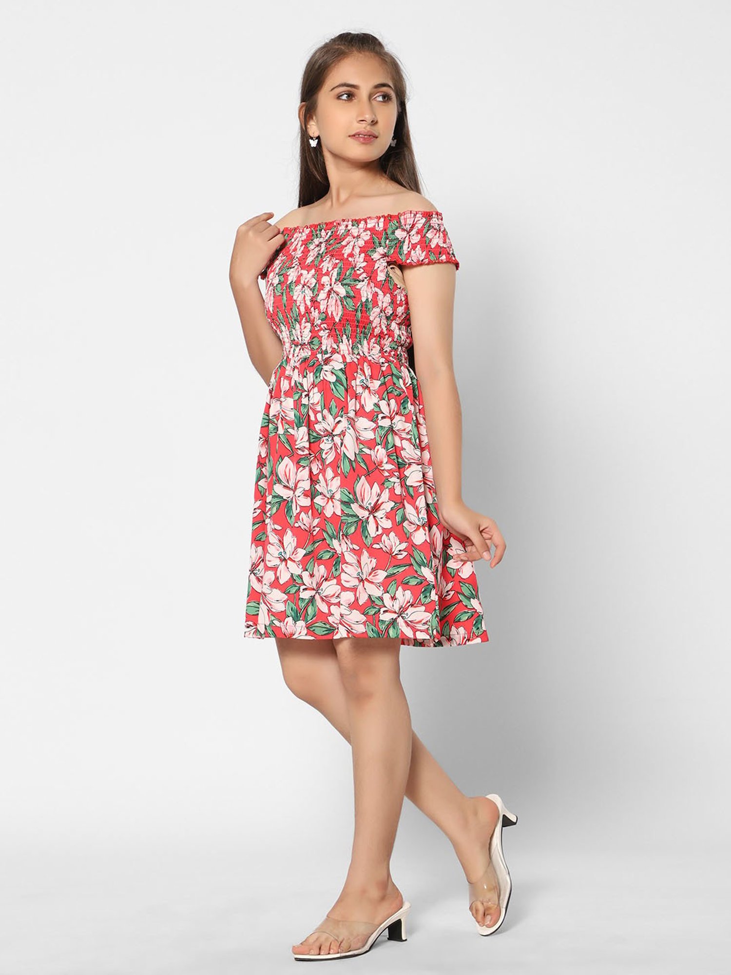 TeenTrums Girls Red Floral Print Dress