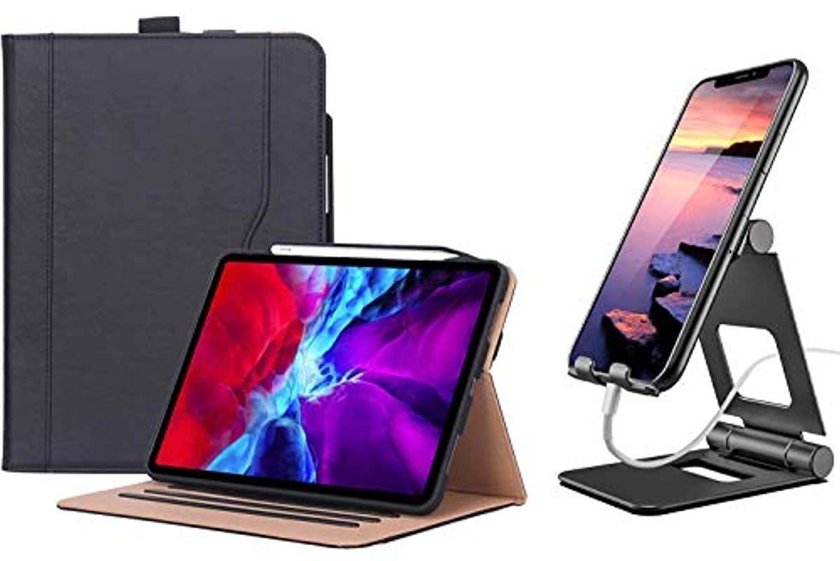 ProCase Black iPad Pro 12.9 Leather Case 4th Gen 2020 / 3rd Gen 2018 Bundle with Black Foldable Cell Phone Stand Tablet Stand