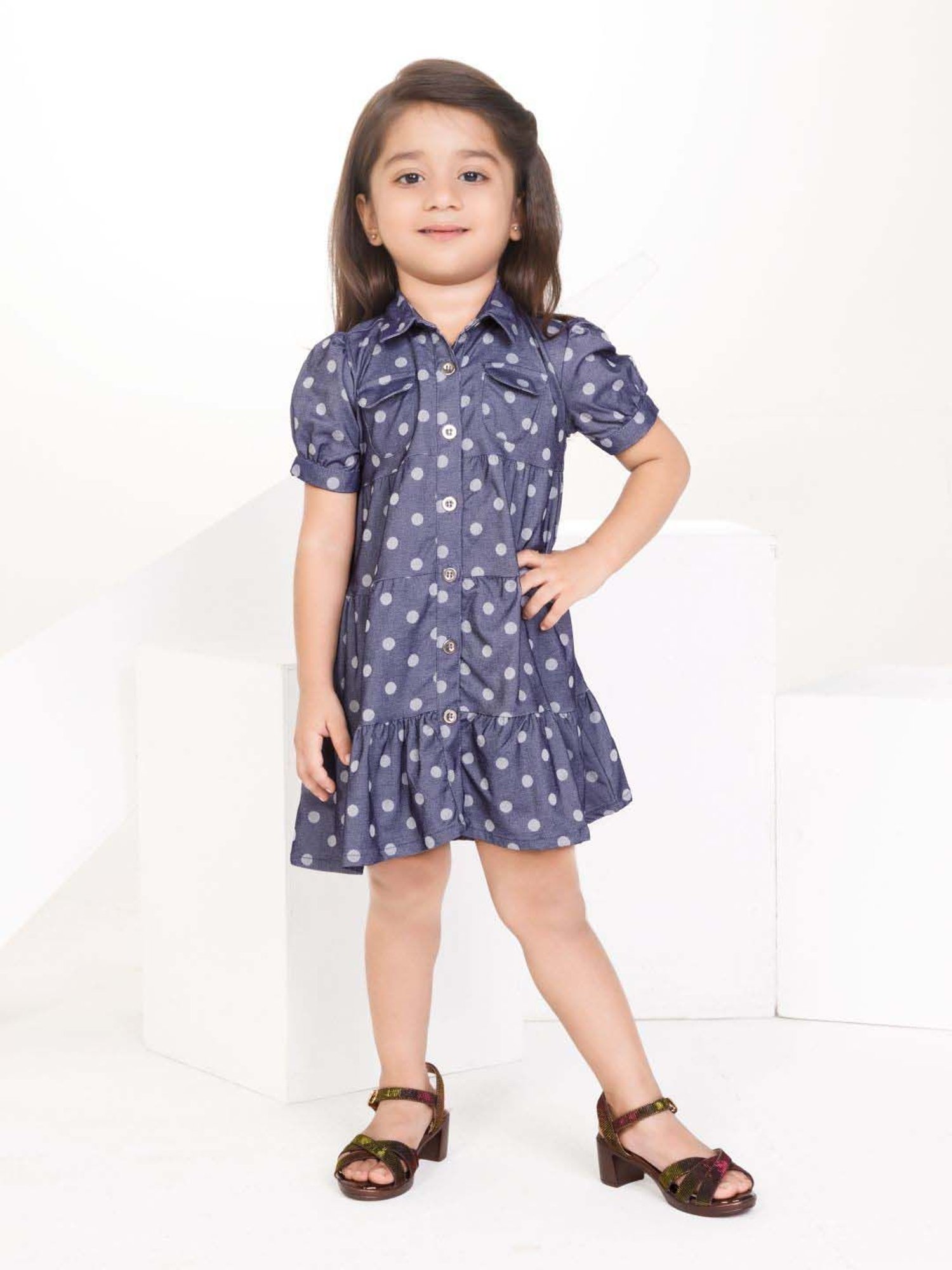 Peppermint Girls Navy Blue Cotton Printed Dress