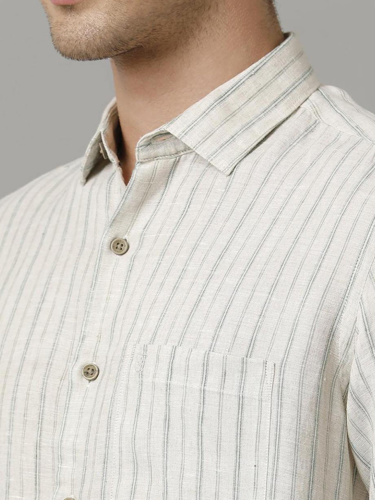 Linen Club Beige Linen Contemporary Fit Striped Shirt