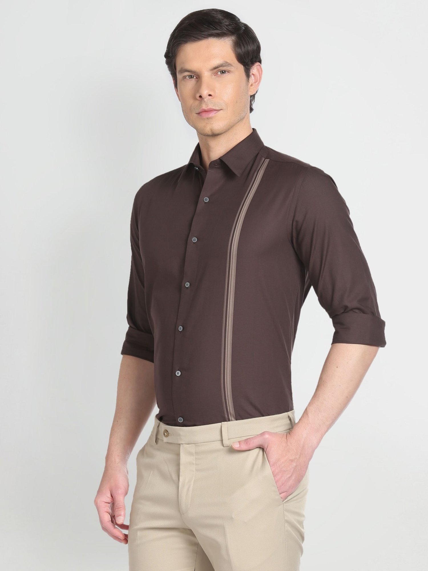 Arrow Newyork Brown Cotton Slim Fit Striped Shirt