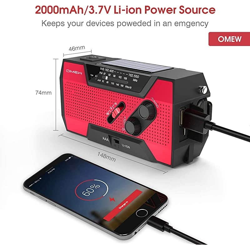 Emergency Weather Radio Portable Solar Hand Crank NOAA Weather Radio with AMFM LED Lamp 2000mAh Power Bank Phone Charger SOS Alarm and Waterproof Handheld Flashlight