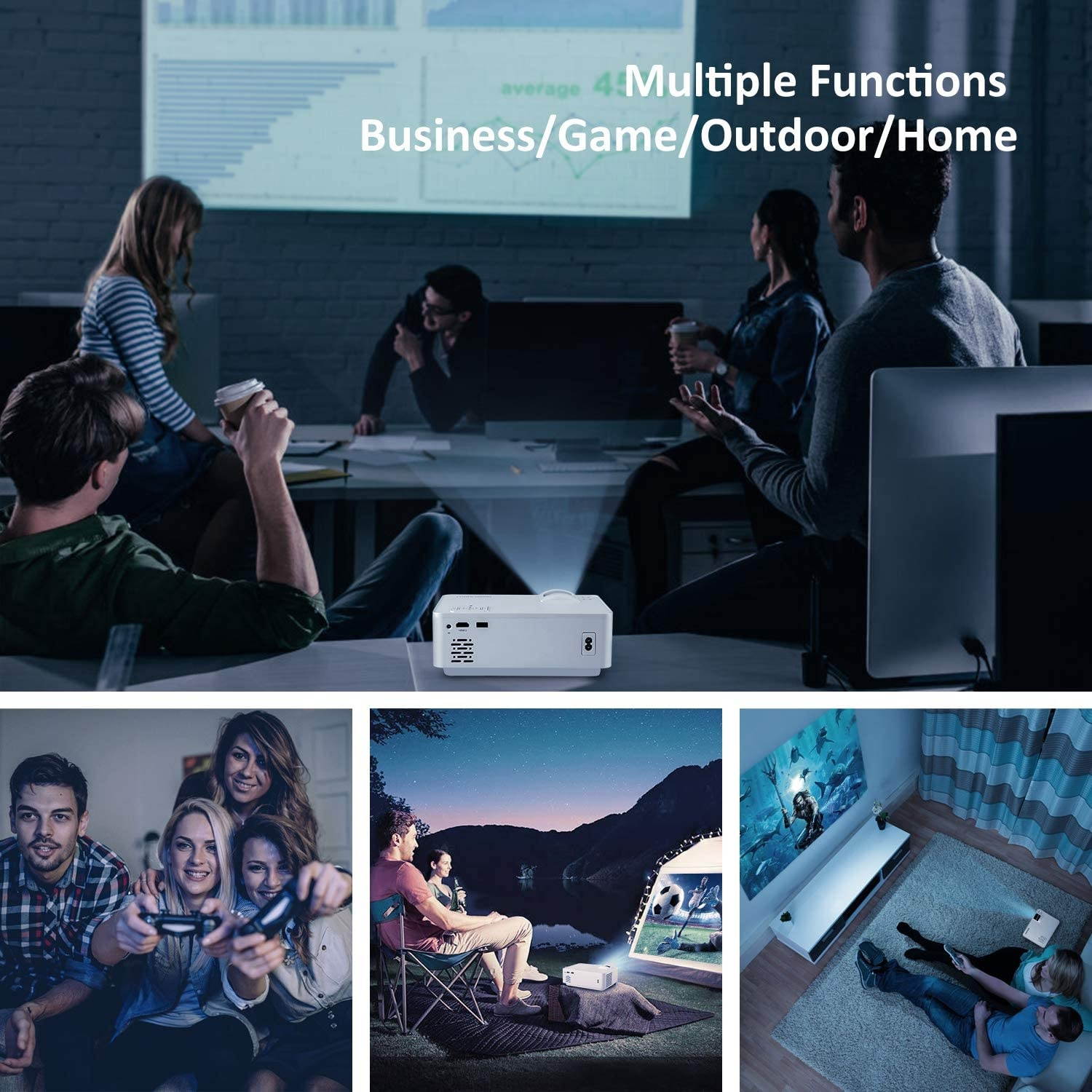 PONER SAUND Mini Projector 5500 Lux 210" 1080P Supported, 52000 Hrs LED Movie Projector, Compatible with Phone Computer Laptop USB HDMI VGA