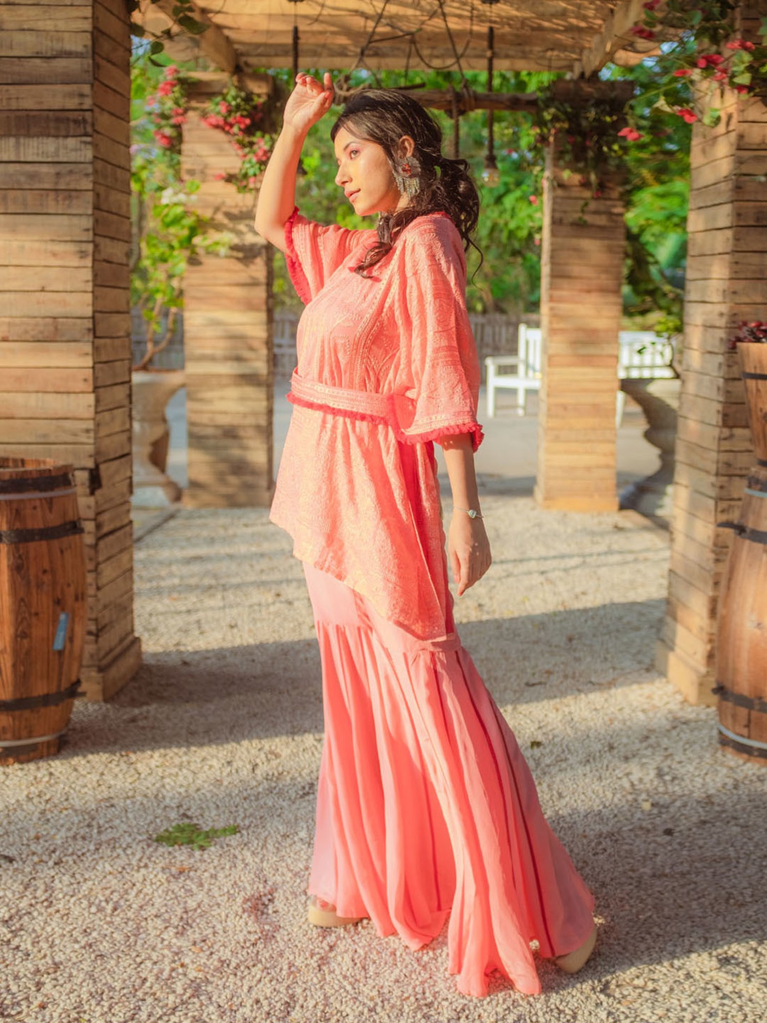 Monk and Mei Suraiya Chikankari Kaftan & Sharara- Peachy Melon