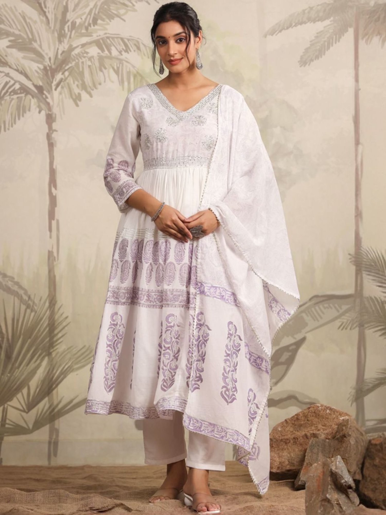 SCAKHI White & Lavender Hand-Block Printed Anarkali Kurta And Pant With Dupatta