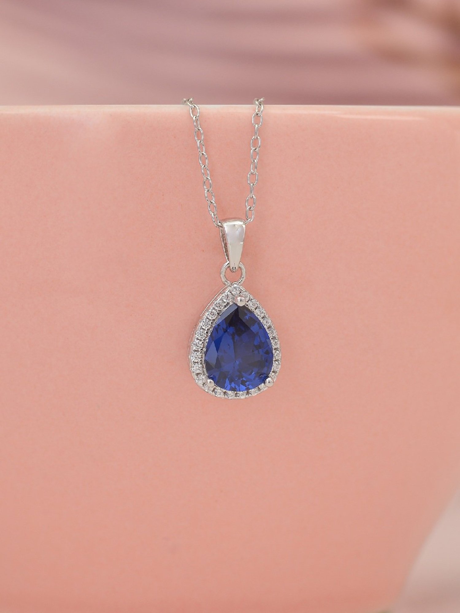 925 Silver Blue Sapphire and American Diamond Halo Pendant with 18-inch Chain for Women & Girls