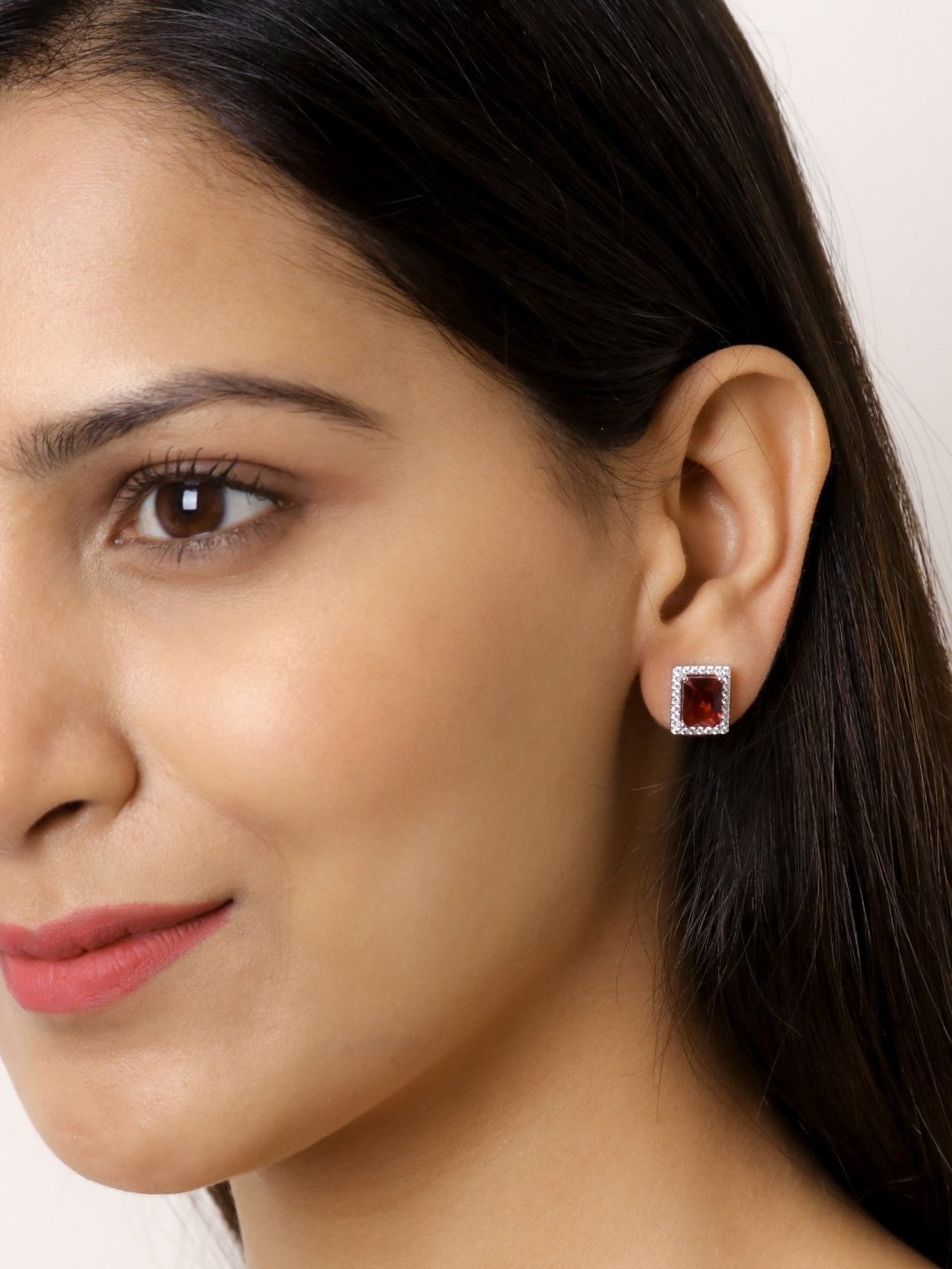 925 Silver Rectangular Red Ruby and American Diamond Stud Earrings for Women & Girls