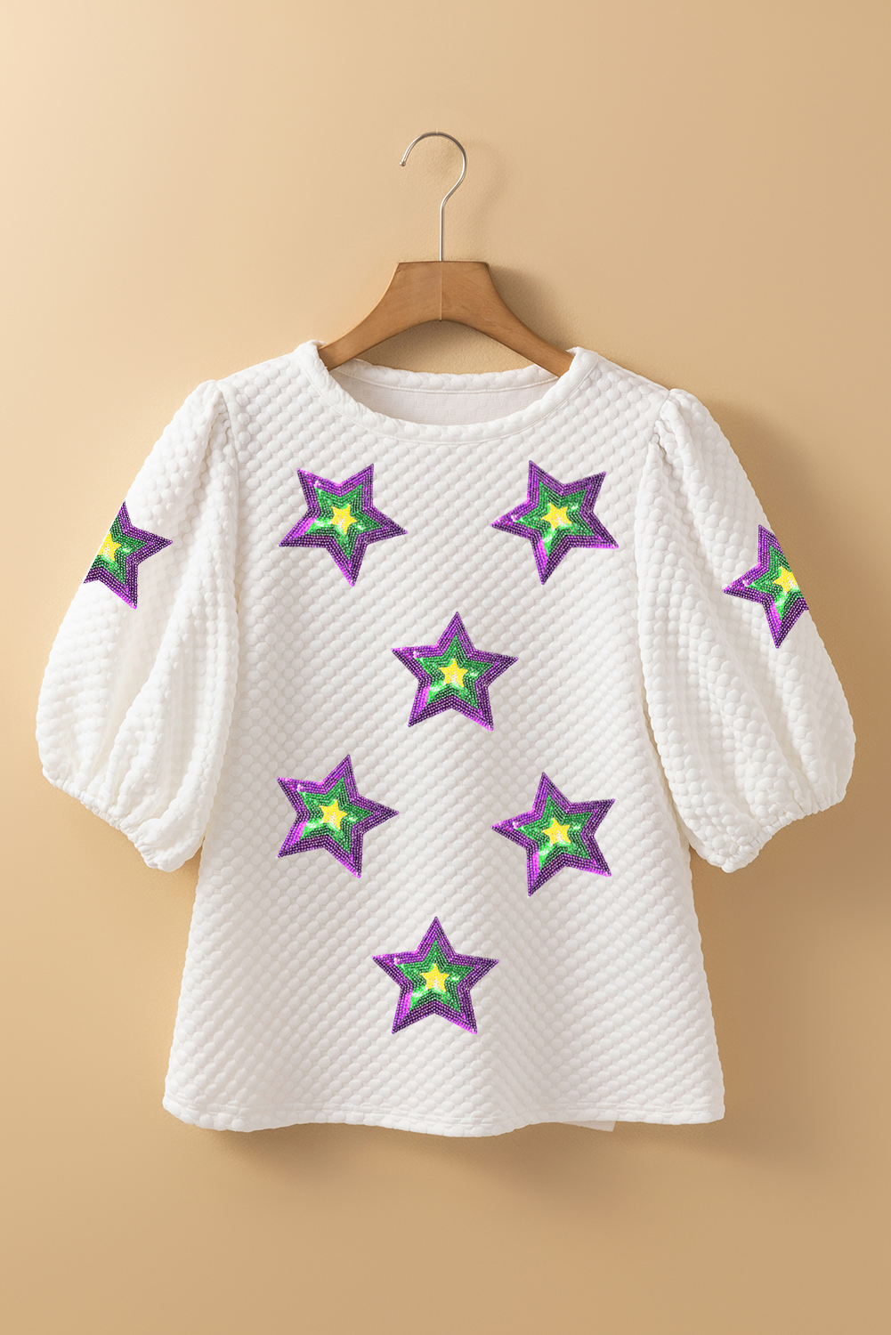 Green Christmas Candy Cane Patched Graphic Half Button Waffle Long Sleeve Top