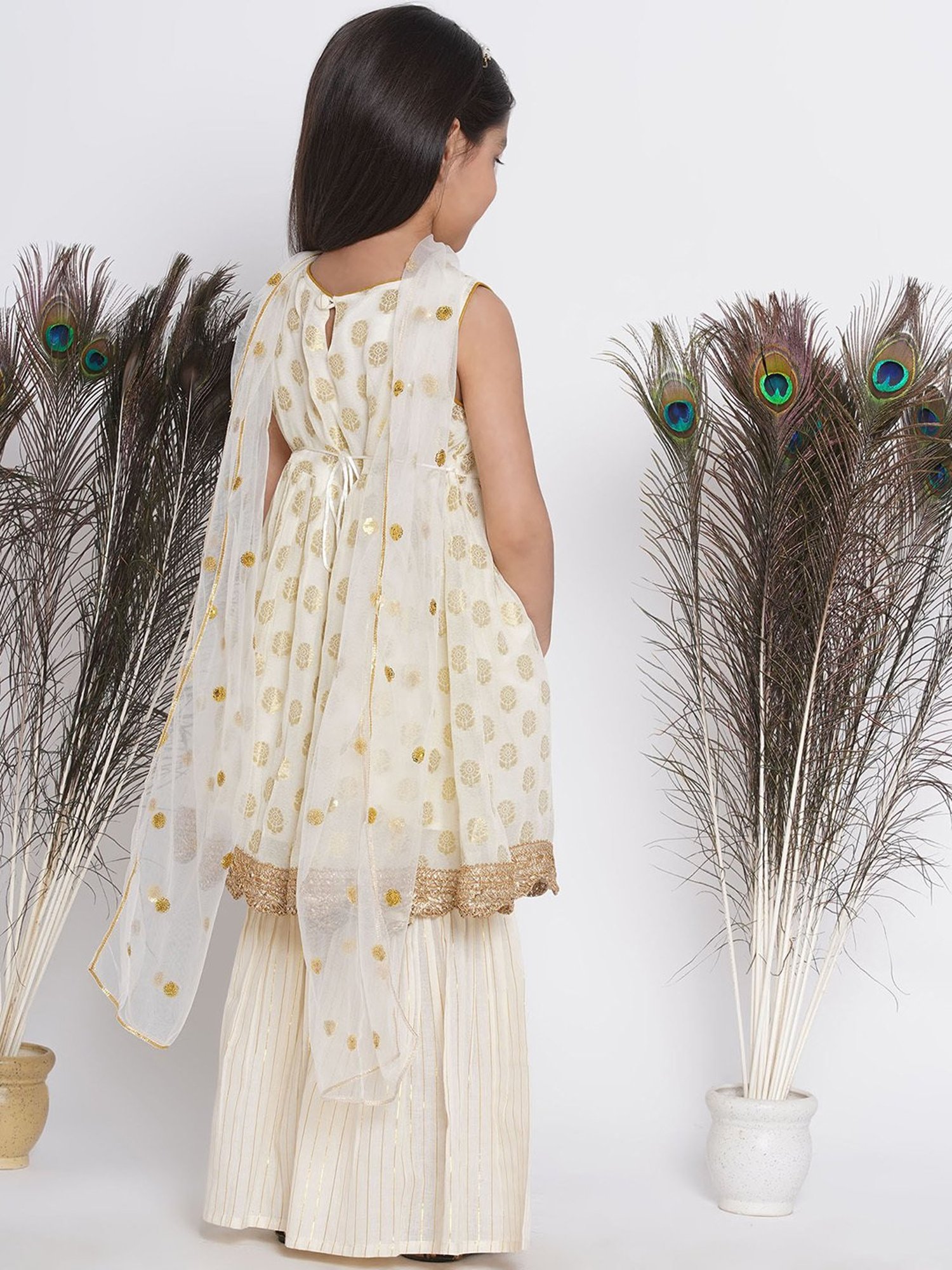 Little Bansi Kids Cream Floral Print  Kurta, Sharara, with Dupatta