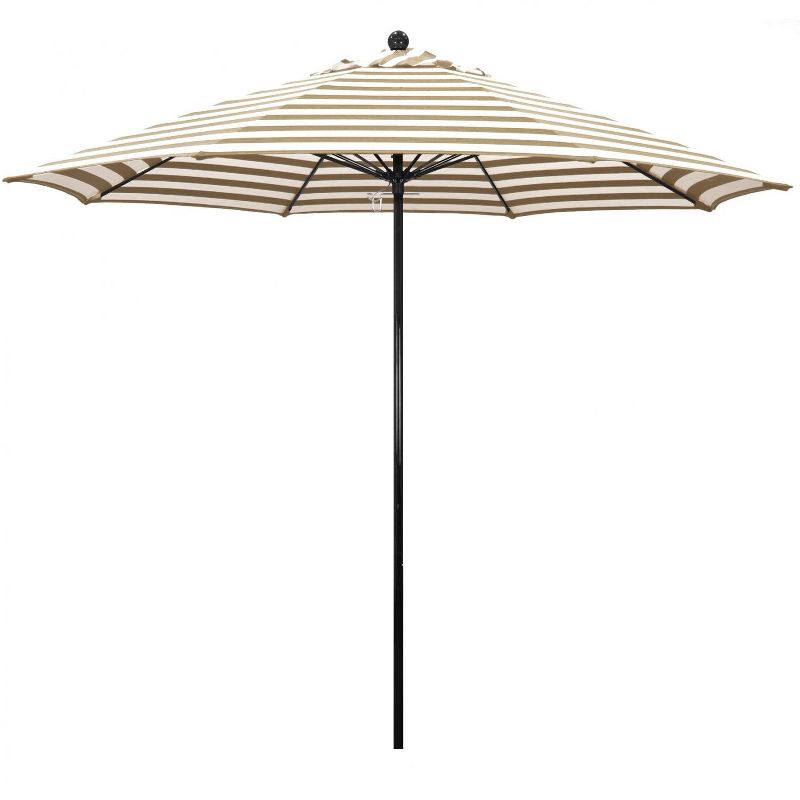 California Umbrella Oceanside Side 9 Ft Octagonal Fiberglass Patio Umbrella W/ Push Lift - Black Frame / Olefin Beige White Cabana Stripe Canopy
