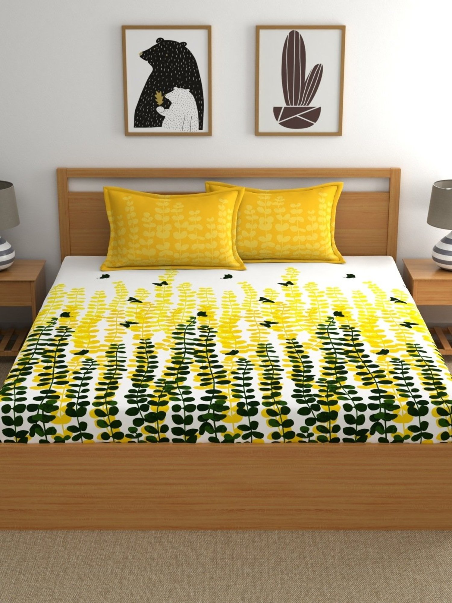 My Room Floral Yellow 140 TC Cotton Queen Bed Sheet with 2 Pillow Covers