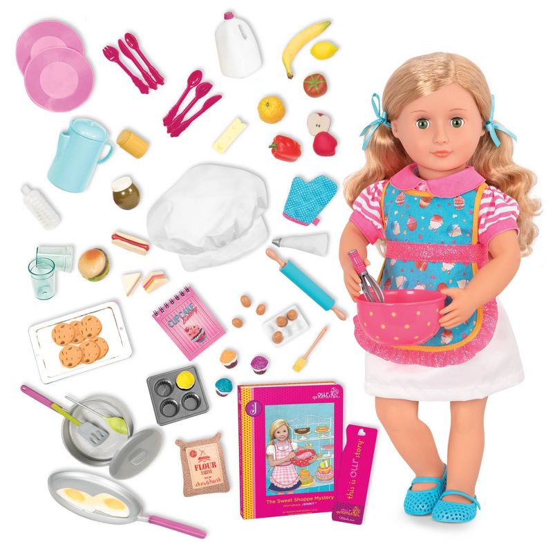 Our Generation 18" Doll with Cooking Set - Jenny & R.V. Seeing You Food Bundle