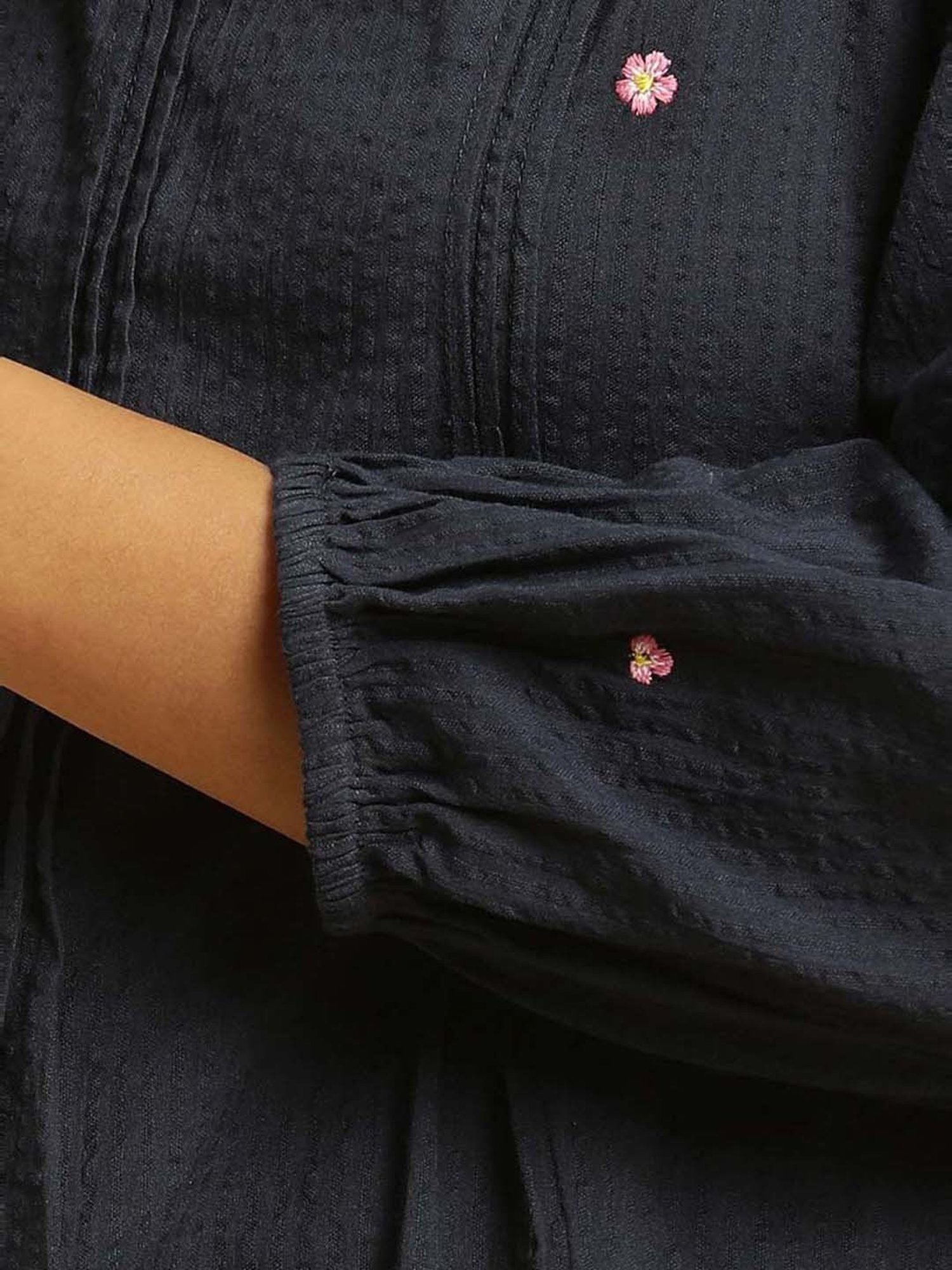 W Navy Cotton Embroidered Top