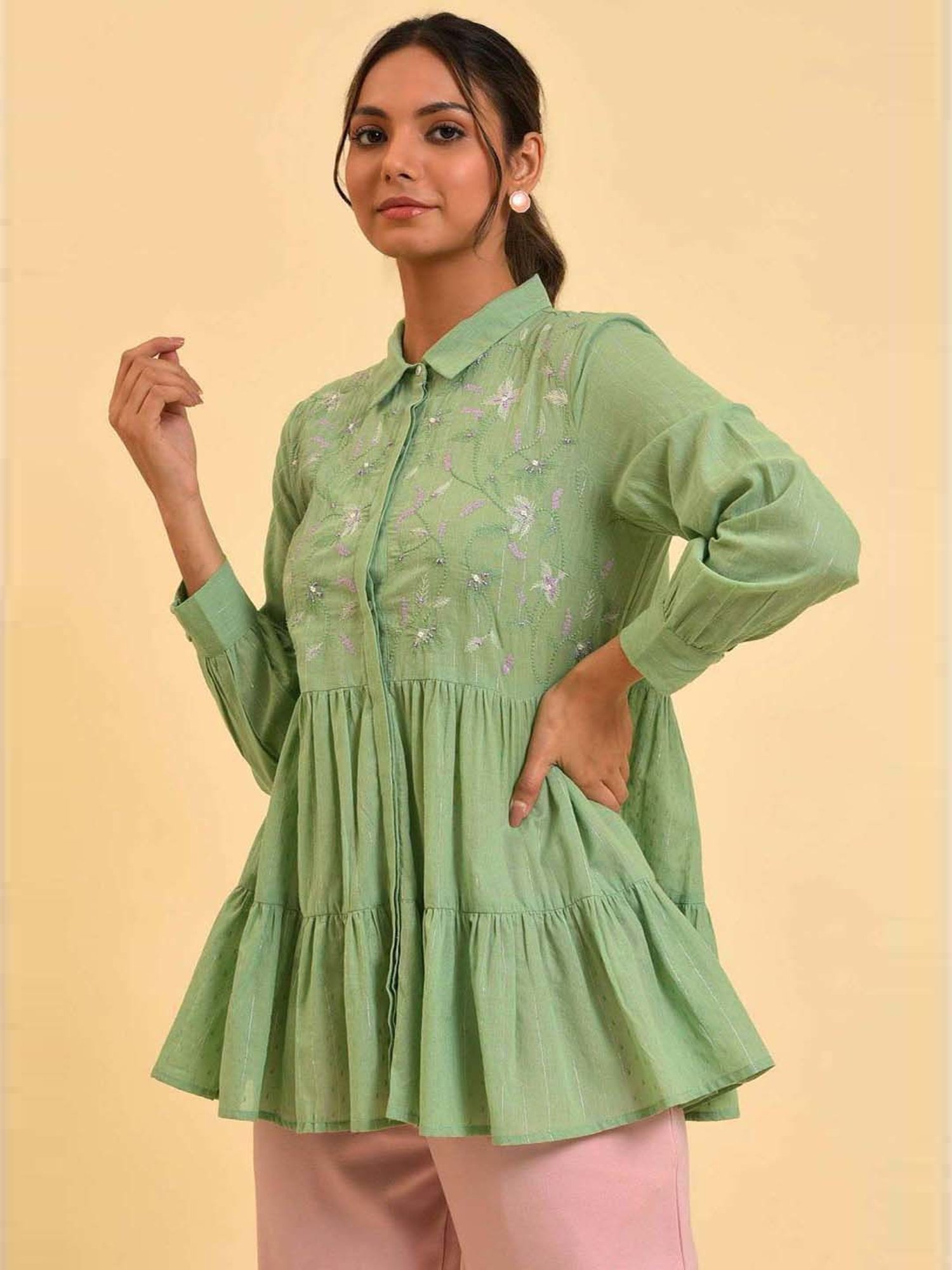 W Green Cotton Embroidered Top