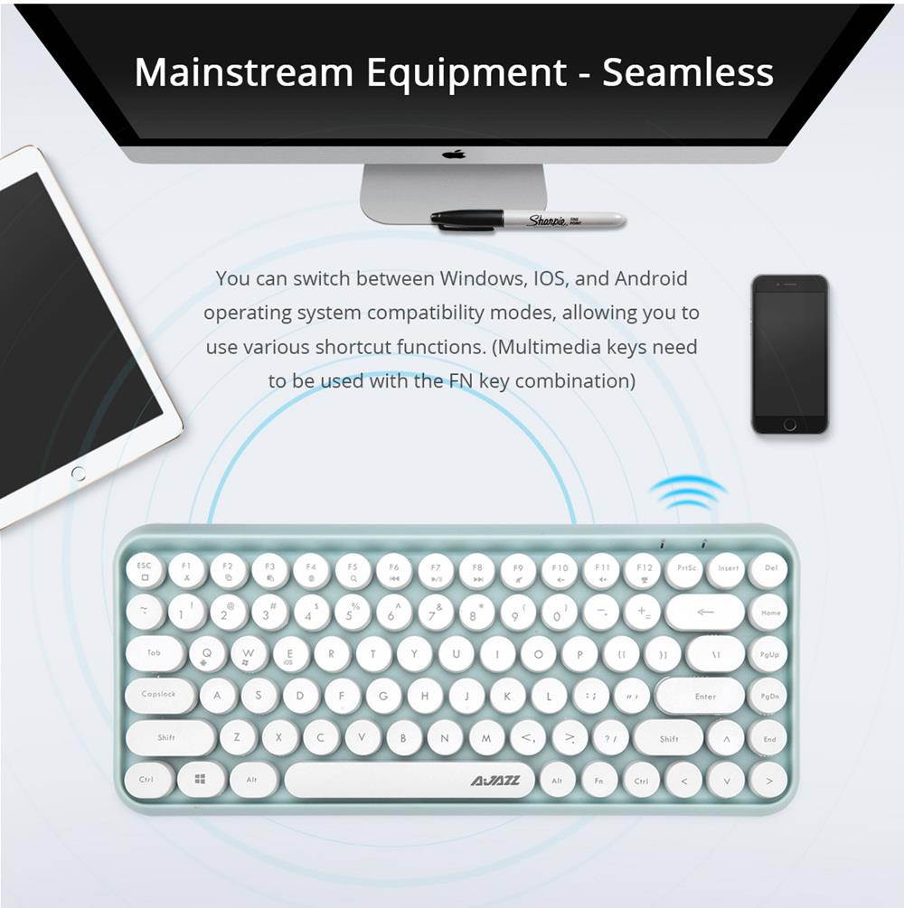 Ajazz 308i Multi-Device Steam Punk Retro Round Keycap Universal Bluetooth Wireless Keyboard For Phone Tablet Notebook