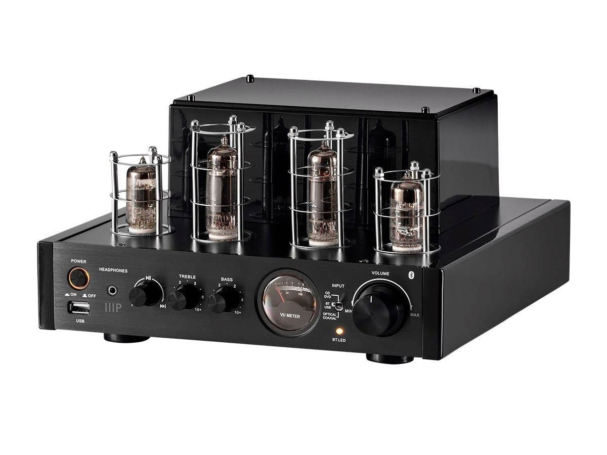 Monoprice Stereo Hybrid Tube Amplifier 2019 Edition, 25 Watt With Bluetooth, Wired RCA, Optical, Coaxial, and USB Connections, and Subwoofer Out