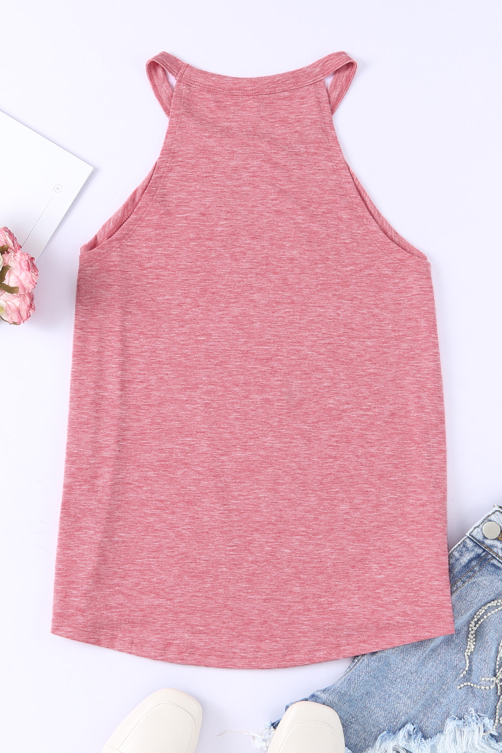 Pink Casual Solid Color Crew Neck Tank Top