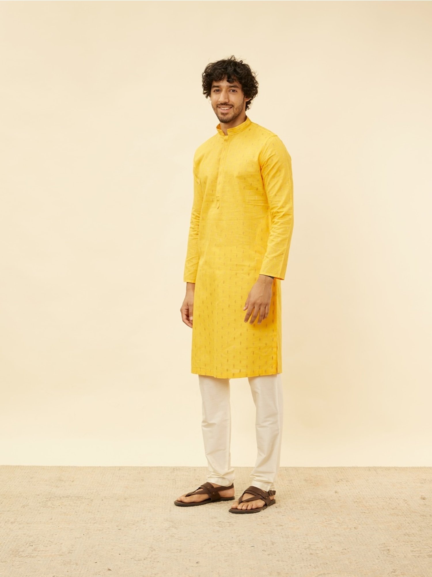 Manyavar Mustard & Begie Regular Fit Self Pattern Kurta Bottom Set