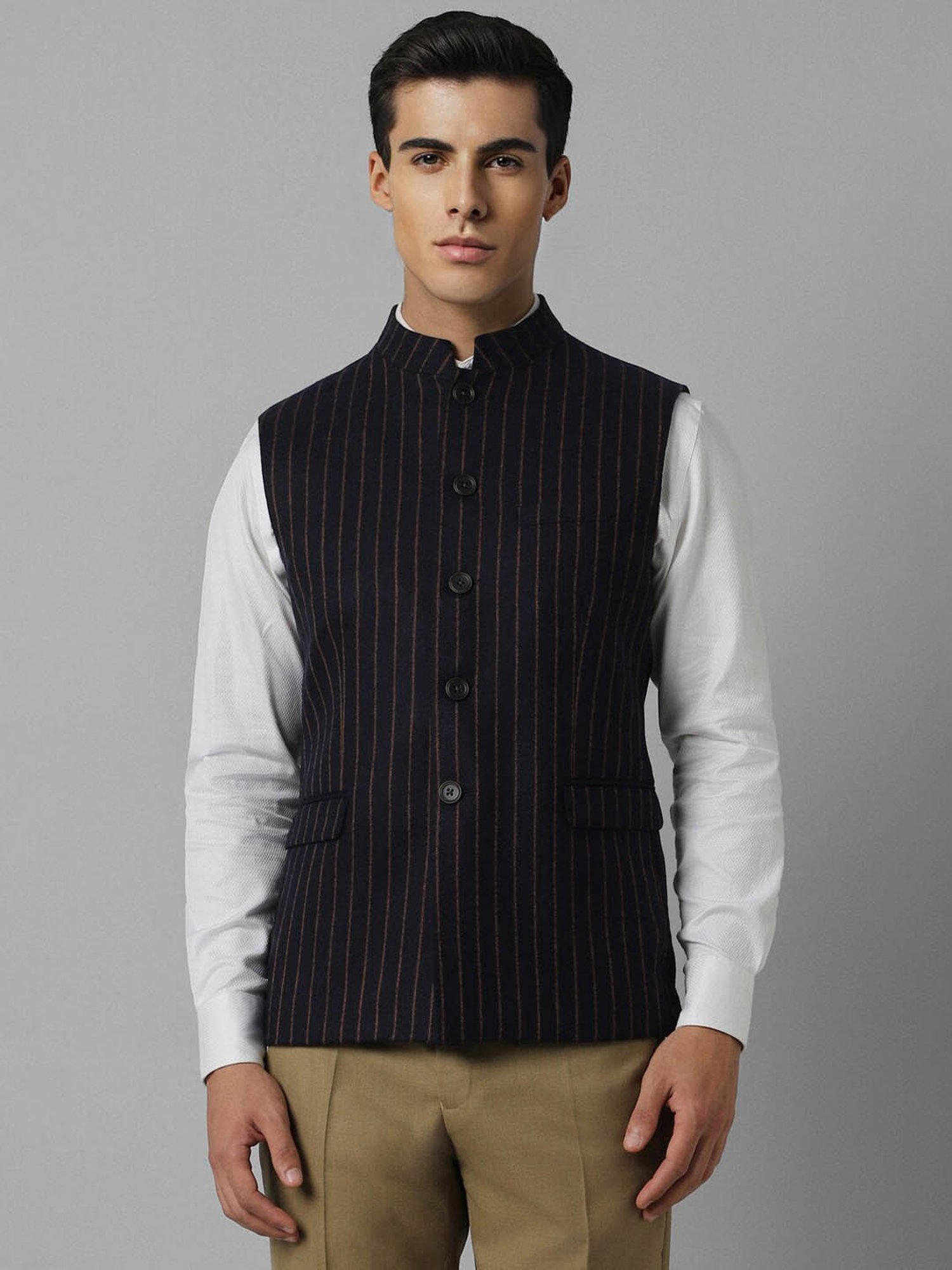 Louis Philippe Navy Slim Fit Striped Nehru Jacket