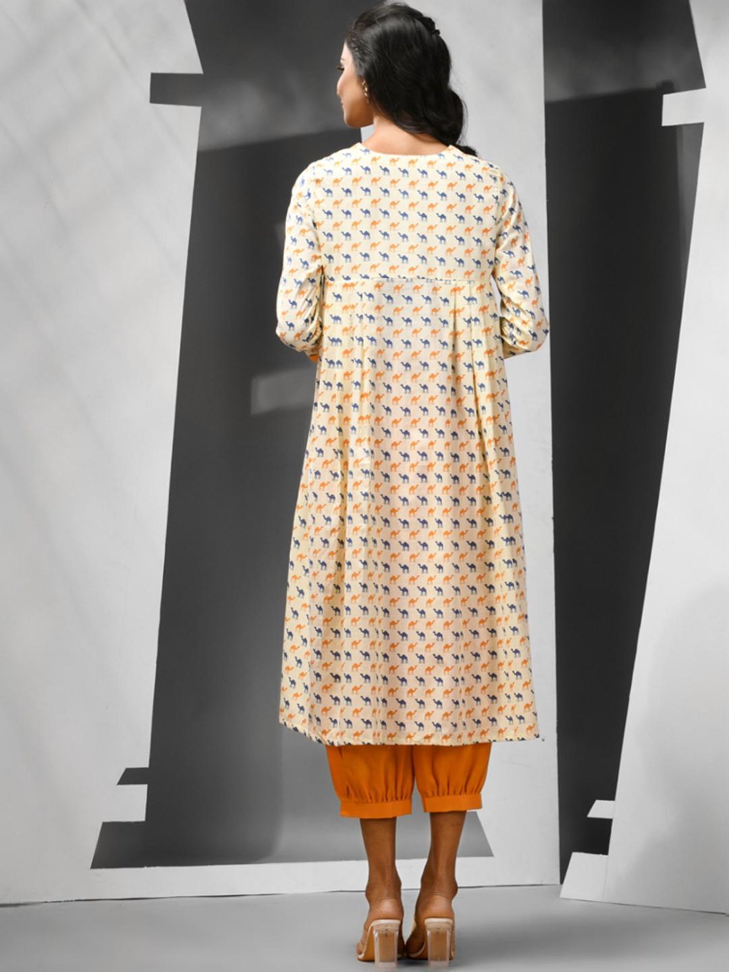Charukriti Beige & Yellow Cotton Printed Kurta Salwaar Set