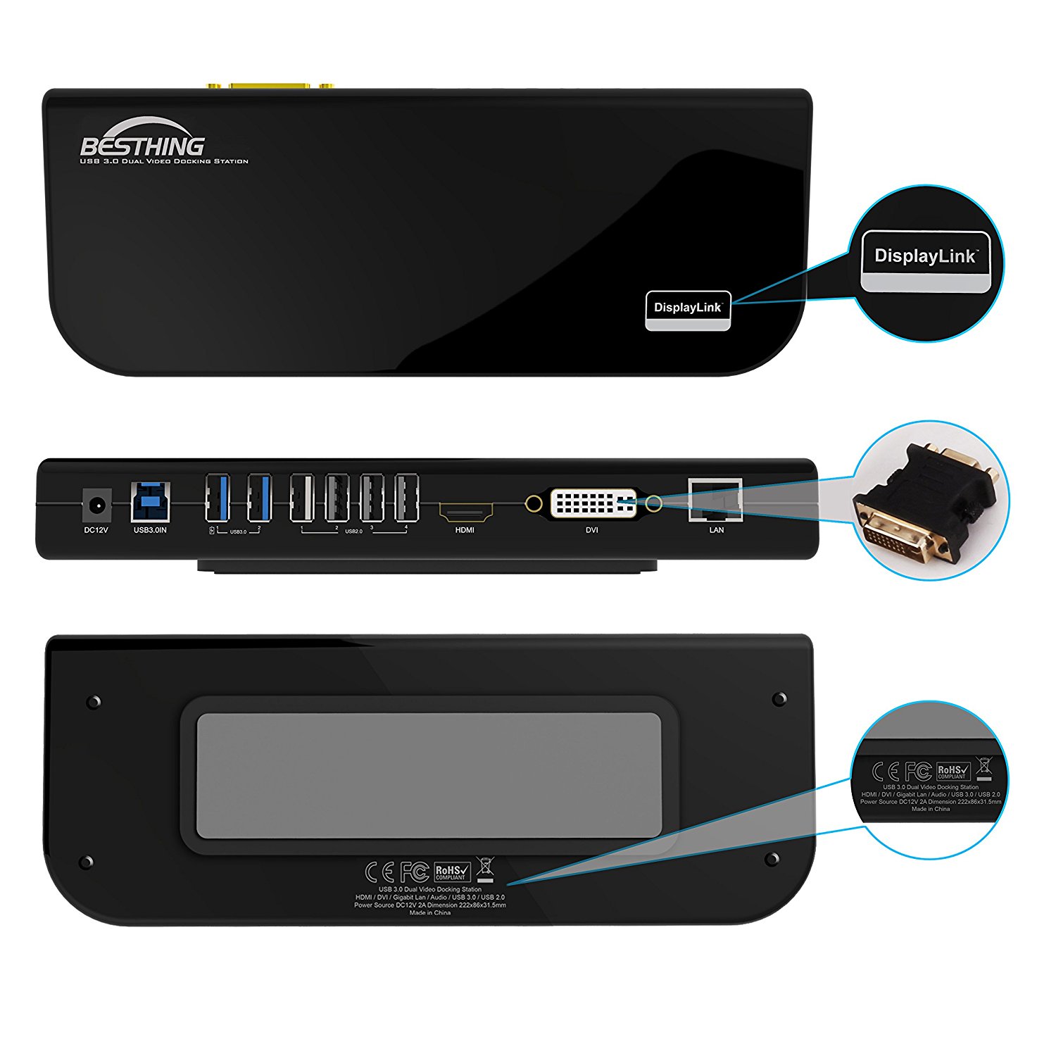 Notebook Port Replicators Dock, Multi-function USB 3.0 Universal Laptop Docking Station, Dual Display with HDMI & DVI / VGA, Gigabit Ethernet, Audio, 6 USB Ports for Laptop, Ultrabook and PCs