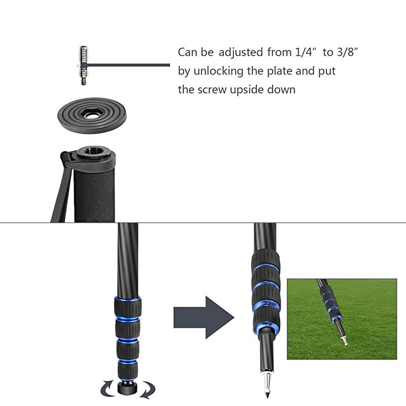 Extendable Camera Carbon Fiber Monopod with Removable Foldable Tripod Support Base: 5-Section Leg, Max. 66 inches for Canon Nikon Sony DSLR Cameras, Payload up to 11 pounds/5 kilograms