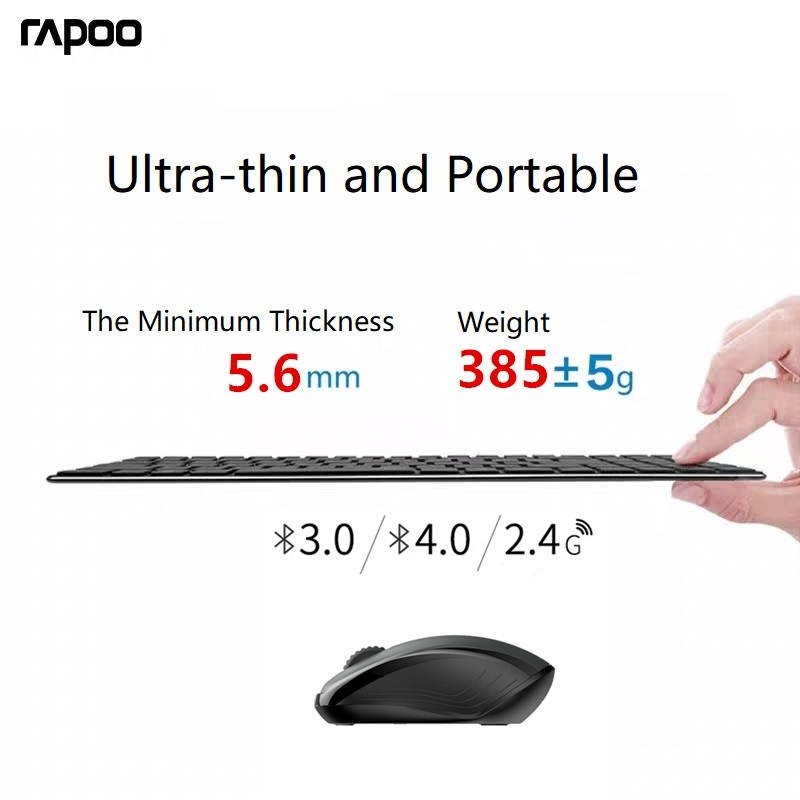 Rapoo 9060M Ergonomic Design, Ultra-thin Wireless 3 Modes(Bluetooth4.0and 3.0, 2.4GHz Wireless) Connection Keyboard And 1300DPI Silent Mouse Combo For Office And Game - Black