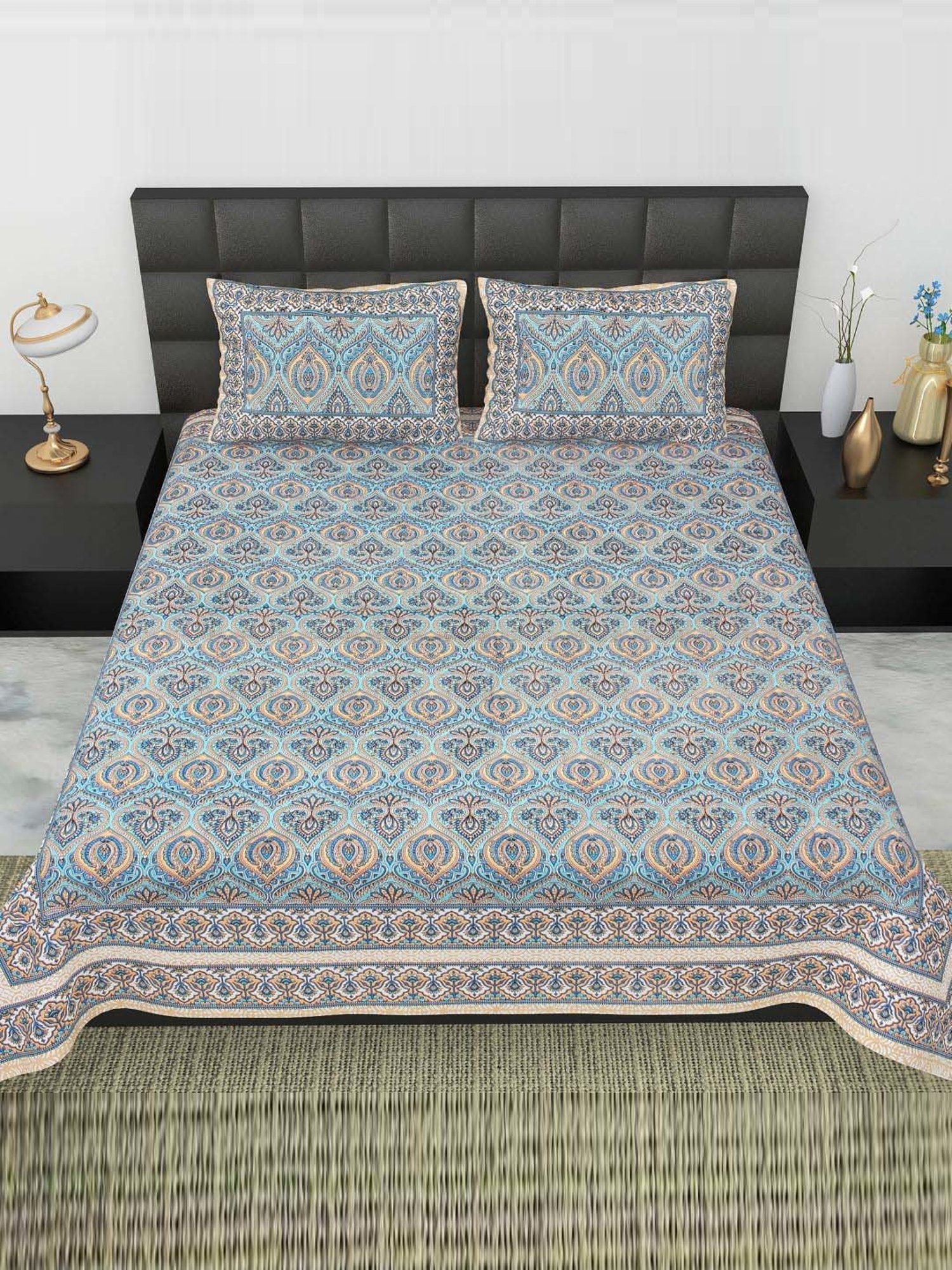 BELLA CASA Ethnic Collection Blue Cotton 180 TC King Bedsheet with 2 Pillow Covers