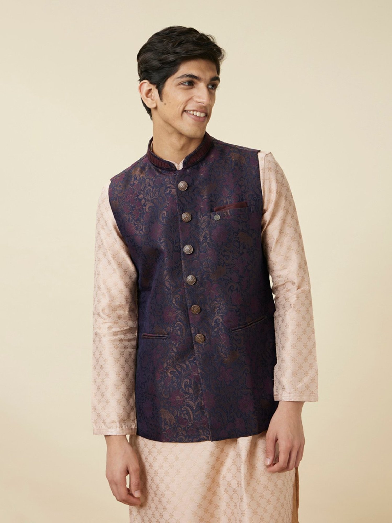 Manyavar Navy Regular Fit Printed Nehru Jacket