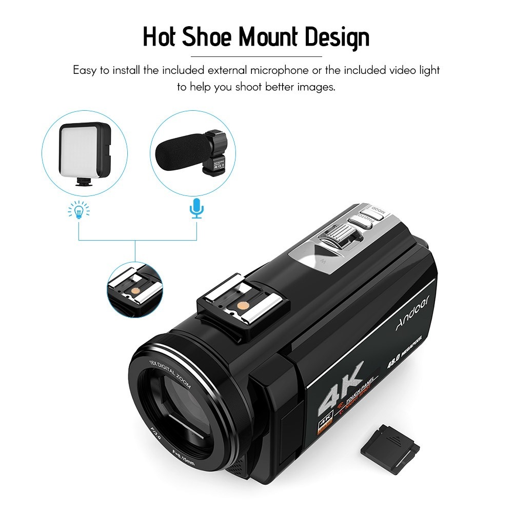 Andoer 4K 48MP WiFi Digital Video Camera+External Microphone+0.39x Wide Angle Lens+Mini LED Video Light+2pcs Battery+Camera Bag