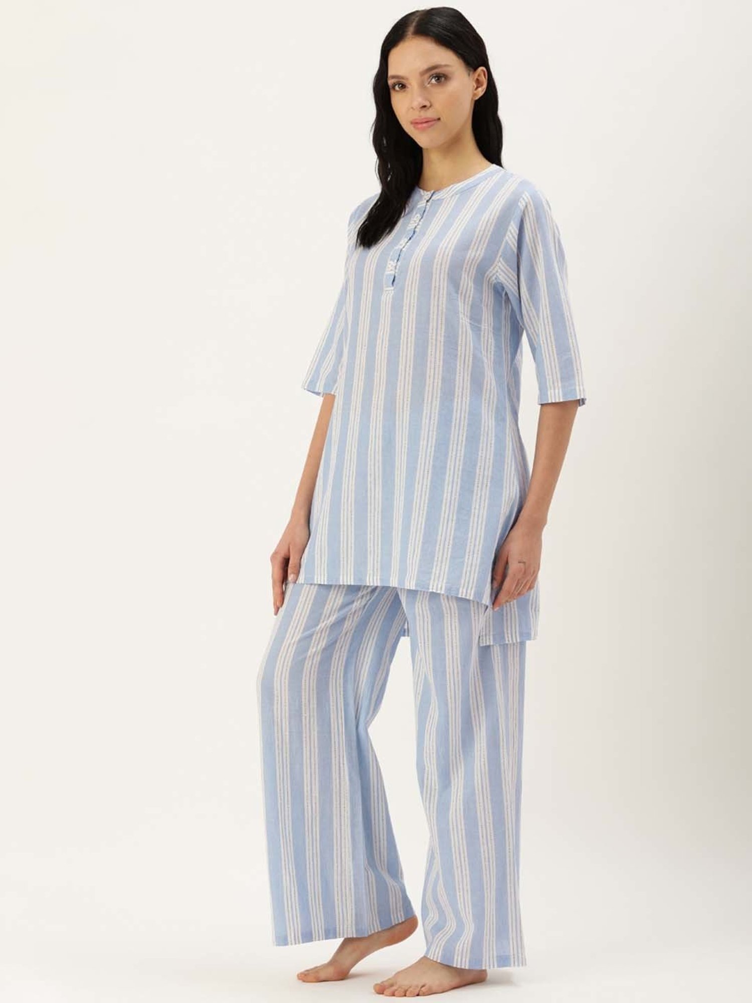 Clt.s Blue Cotton Striped Kurti Palazzo Set