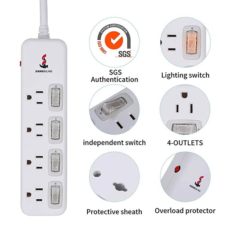 Protector Power Strip 6 ft Long Extension Cord 4 Independent switches 125V15A Hanging Hole SGS CertificationWhite