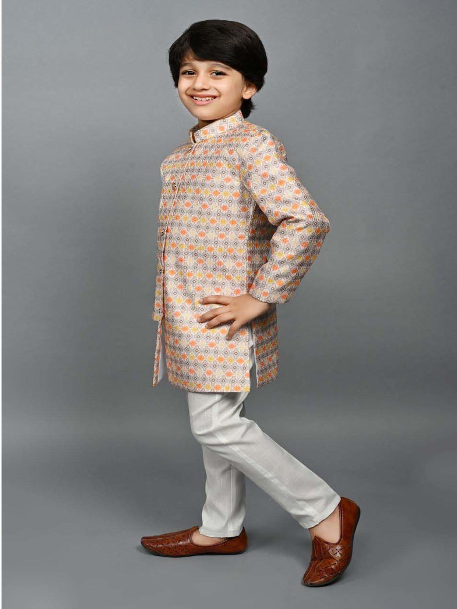 Ahhaaaa Kids Mustard & White Embroidered Full Sleeves Sherwani Set