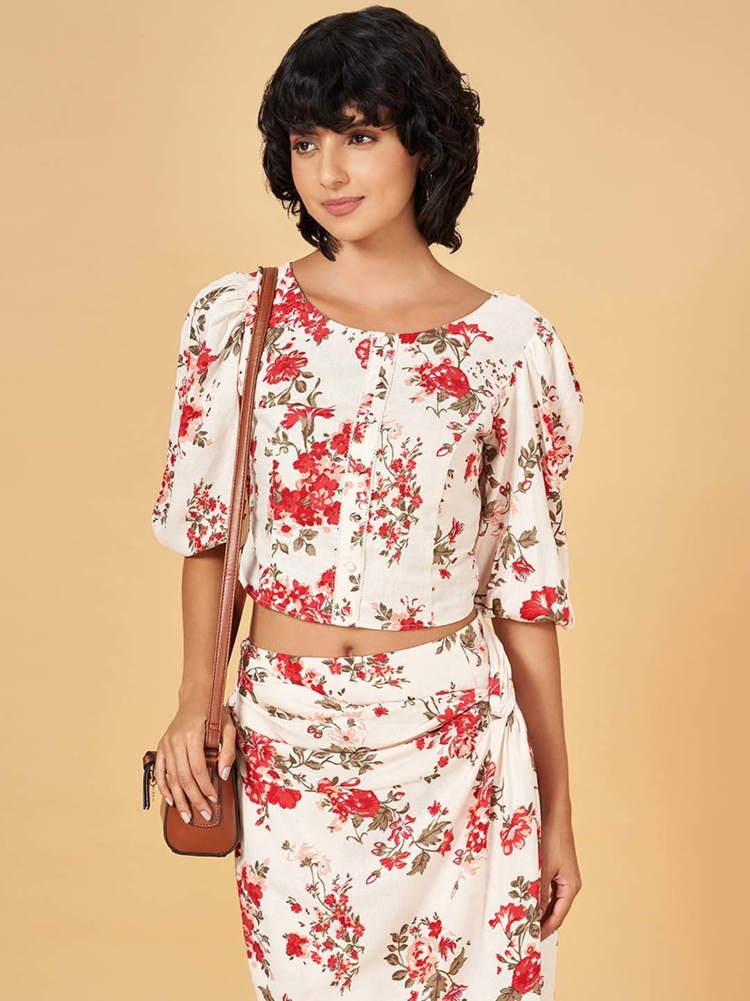 Honey by Pantaloons White & Red Printed Crop Top