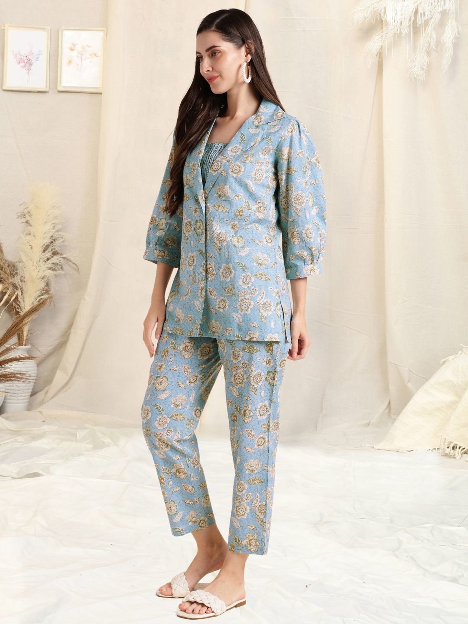 MIRCHI FASHION Sky Blue Cotton Printed Top Pant Set With Jacket