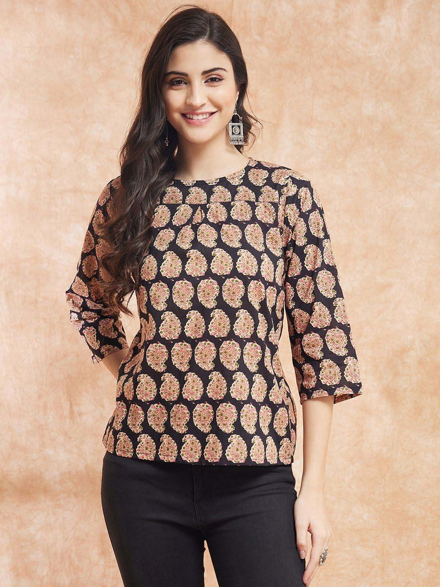Inweave Black & Beige Printed Top