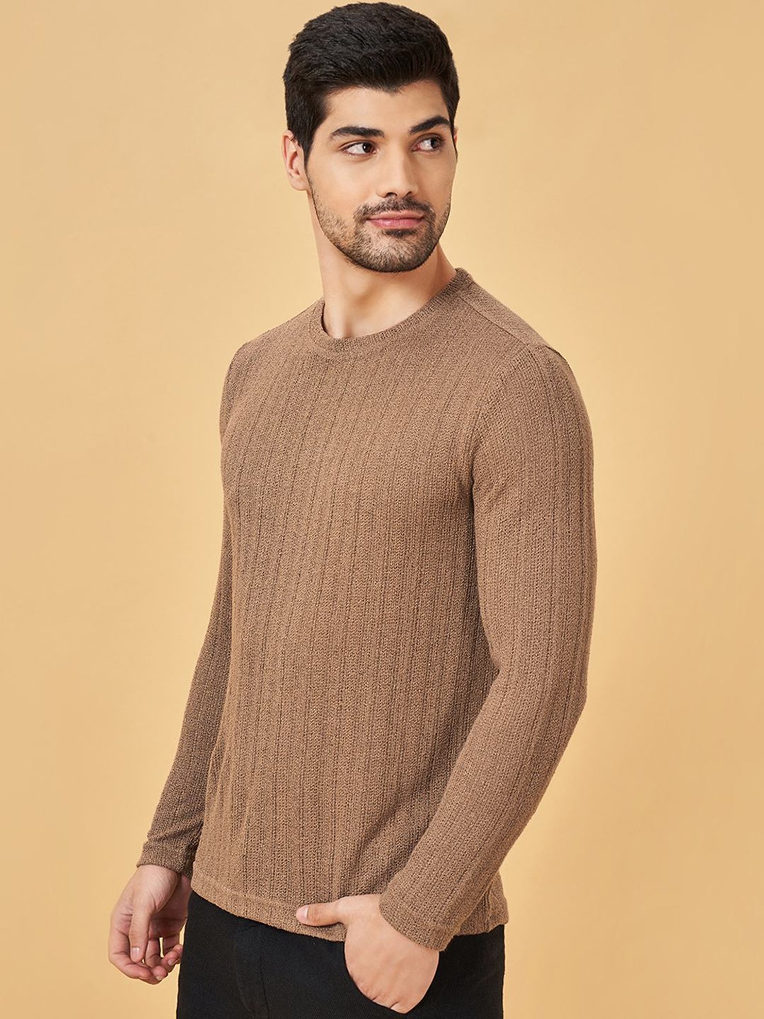 7 Alt By Pantaloons Brown Slim Fit Self Pattern T-Shirt