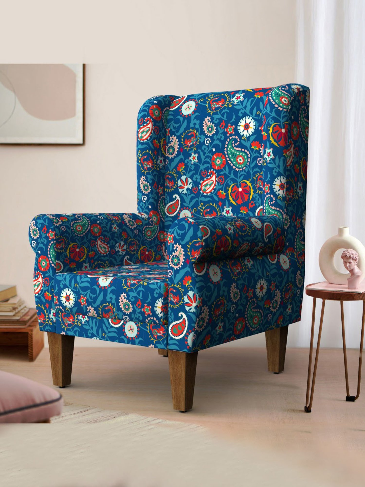 Chumbak India Paisley Blue Sheesham Wood Begum Wing Chair