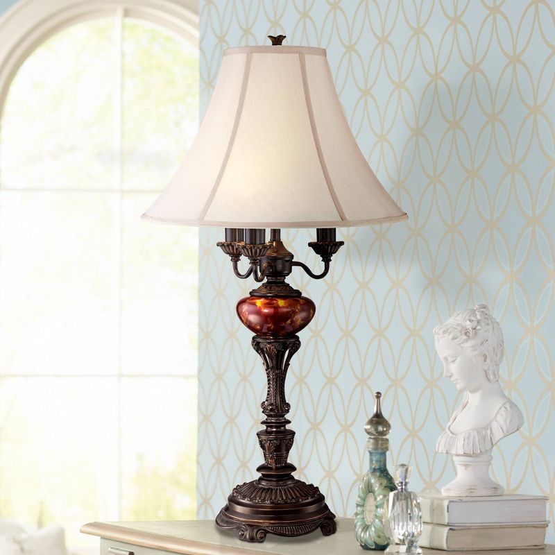 Barnes and Ivy Traditional Table Lamp English Bronze Tortoise Shell Glass Off White Bell Shade for Living Room Family Bedroom