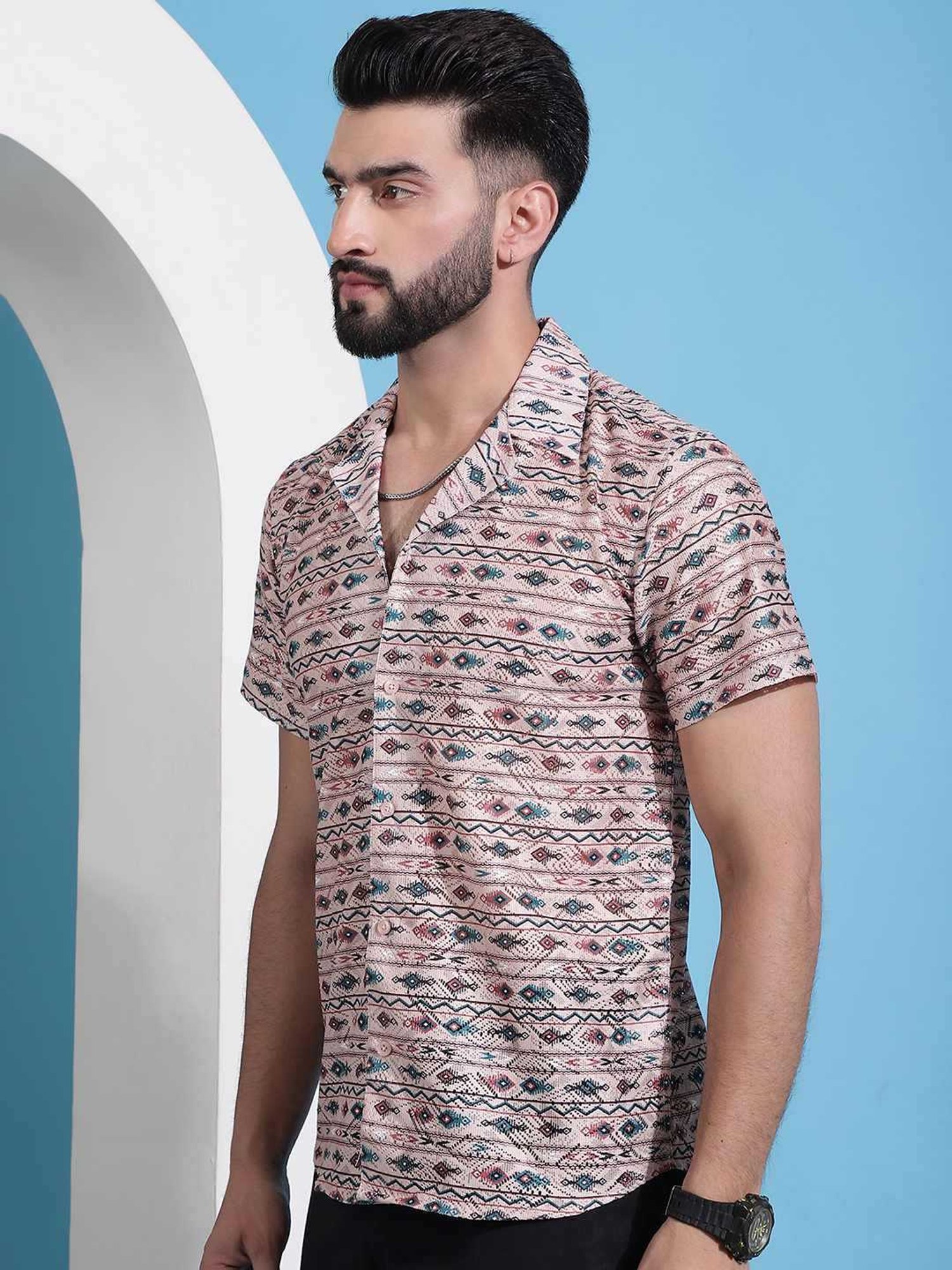 Indian Needle Peach Regular Fit Printed Shirt