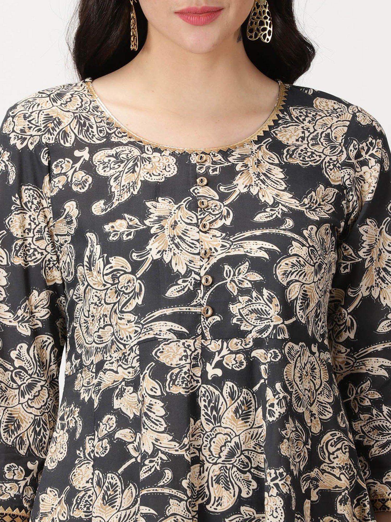 Saffron Threads Black Cotton Floral Anarkali Kurta