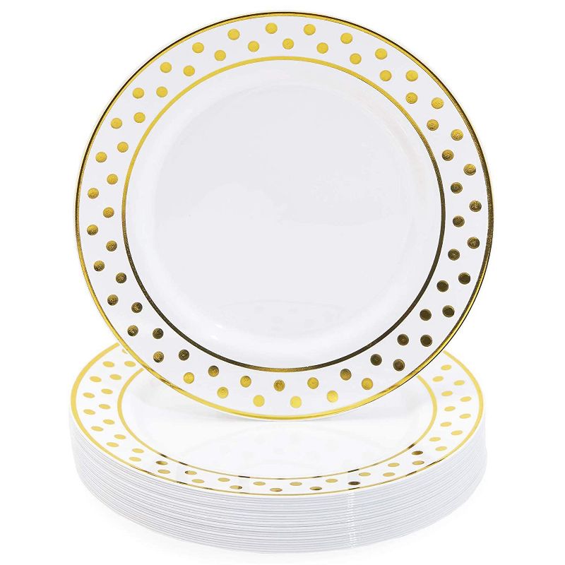 Juvale 24-Pack Gold Polka Dot Party Supplies, Disposable Plastic Dinner Plates Gold Rim, Dinnerware Set, 9"