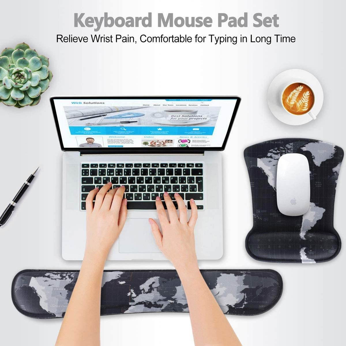 Keyboard Wrist Rest Pad Ergonomic Mouse Pad Set, ToLuLu Mouse Pad for Computer Laptop, Non Slip Mousepad Keyboard Wrist Support with Raised Memory Foam for Easy Typing Pain Relief, Cool World Map