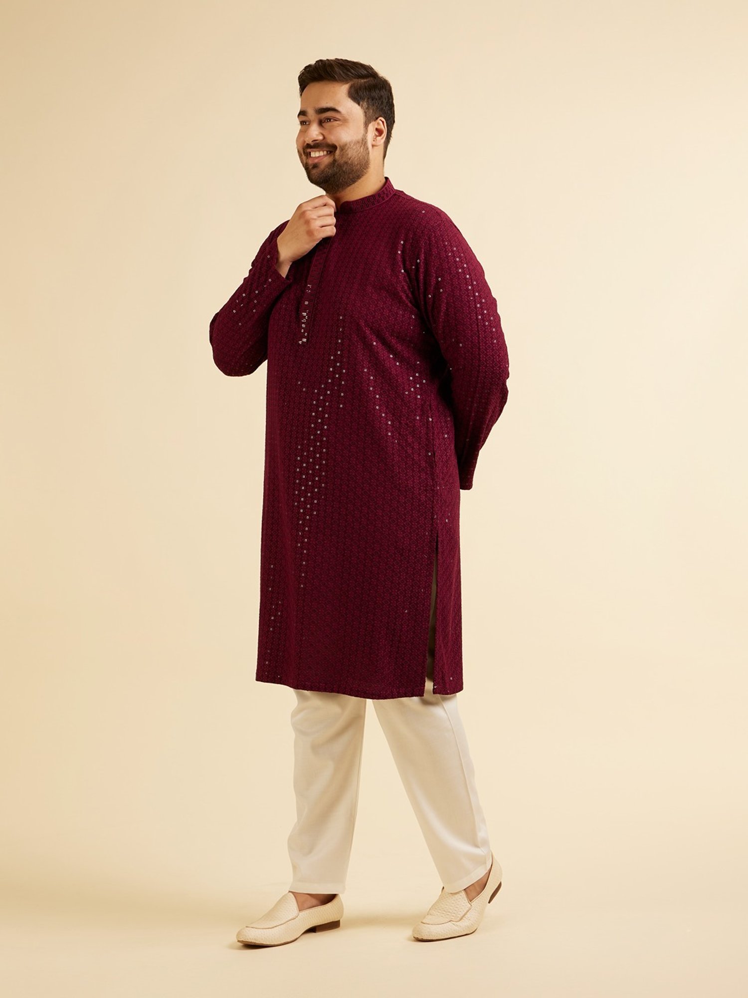 Manyavar Maroon Regular Fit Embroidered Plus Size Kurta and Pyjama Set