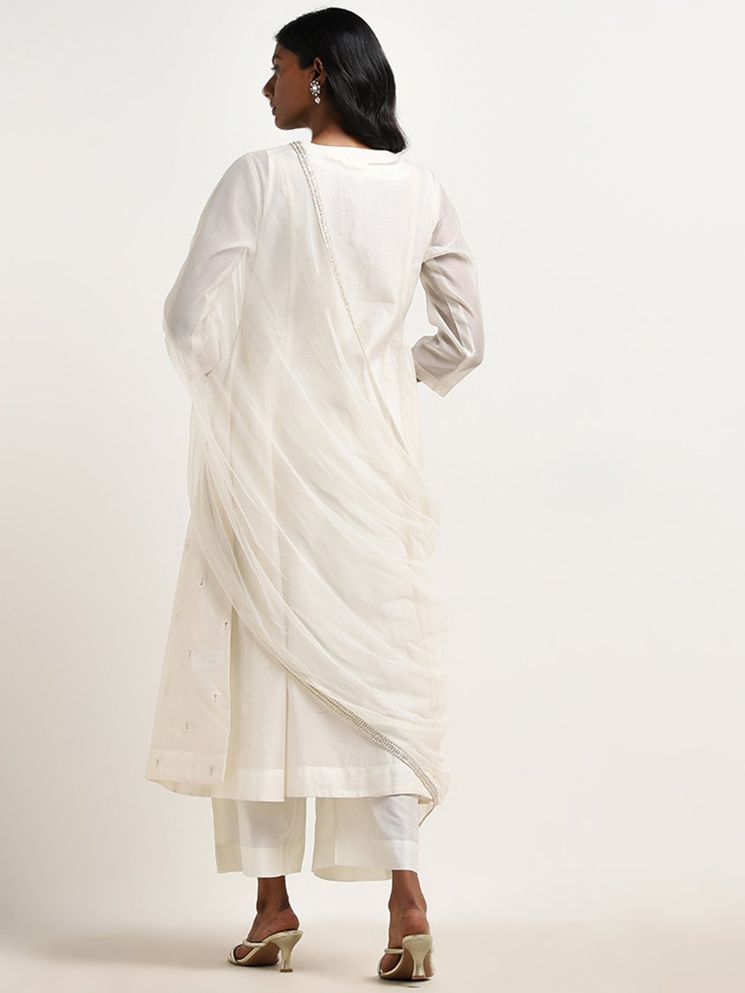 Vark by Westside White Embroidered A-Line Kurta, Pants & Dupatta Set