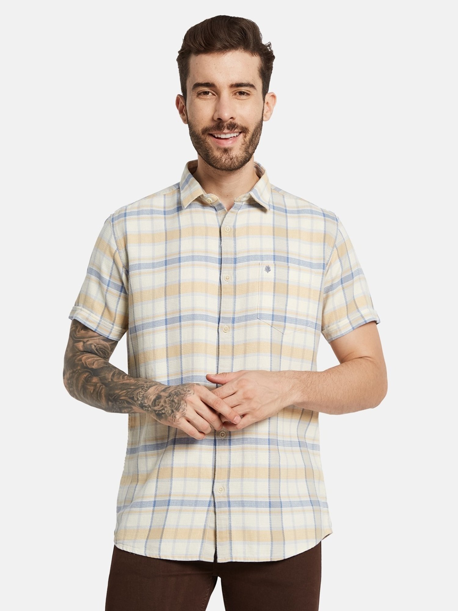 Mettle Mustard Cotton Regular Fit Checks Shirt